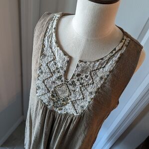 Khaki Shift Mini Dress with Embroidered Neckline